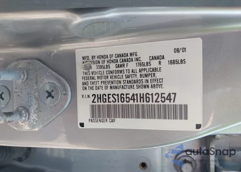 2001 Honda Civic Lx from USA, damaged, VIN 2HGES16541H612547